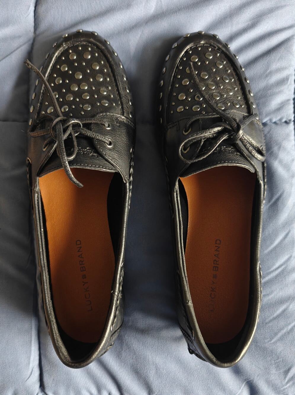 Lucky Brand Black Studded Leather Loafers Slip-On Flats - Size 8.5 - New In Box
